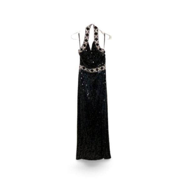 Special Occasion Gown By Caché: Black & Silver Sleeveless Sequin Gown - Size 6 - Picture 3 of 13